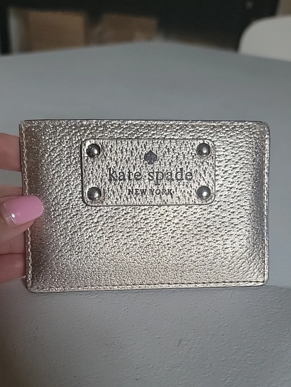 kate spade Metallic Gold Pebbled Leather Card Holder with Logo Plaque